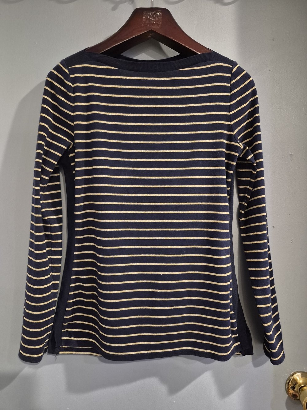 Lauren Ralph Lauren Boat Neck Navy and Gold Striped Long Sleeve Top